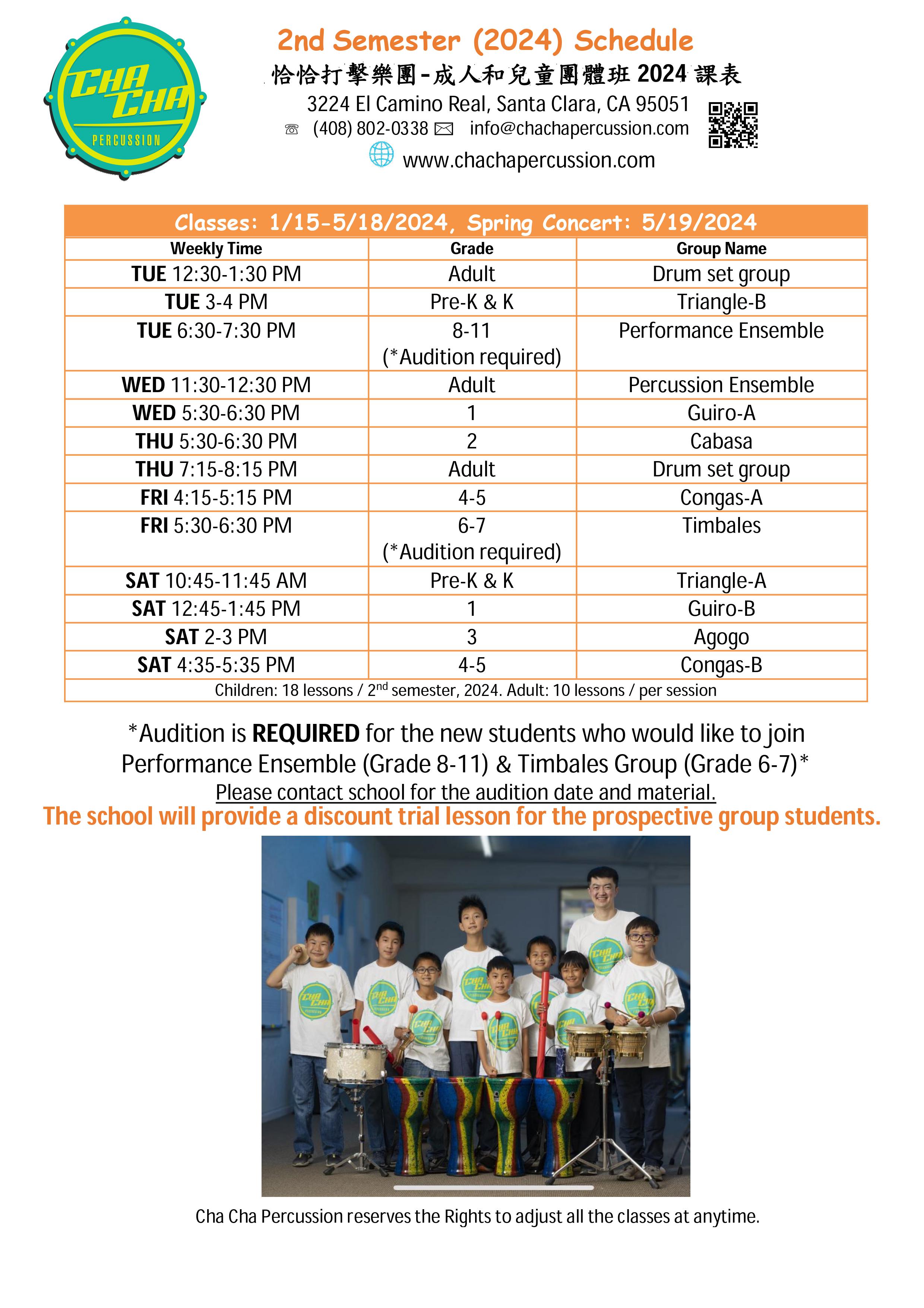 Cha Cha Percussion Schedule